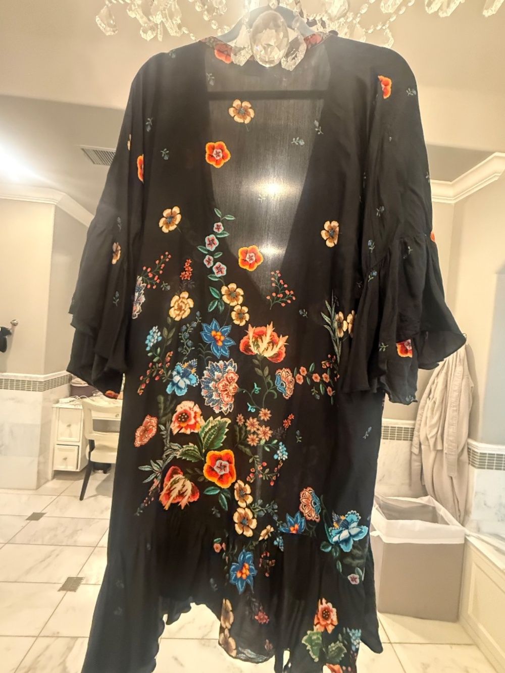 Johnny Was Nora Ruffle Kimono Black Floral Silk Boho Duster Cover-Up - Picture 13 of 13
